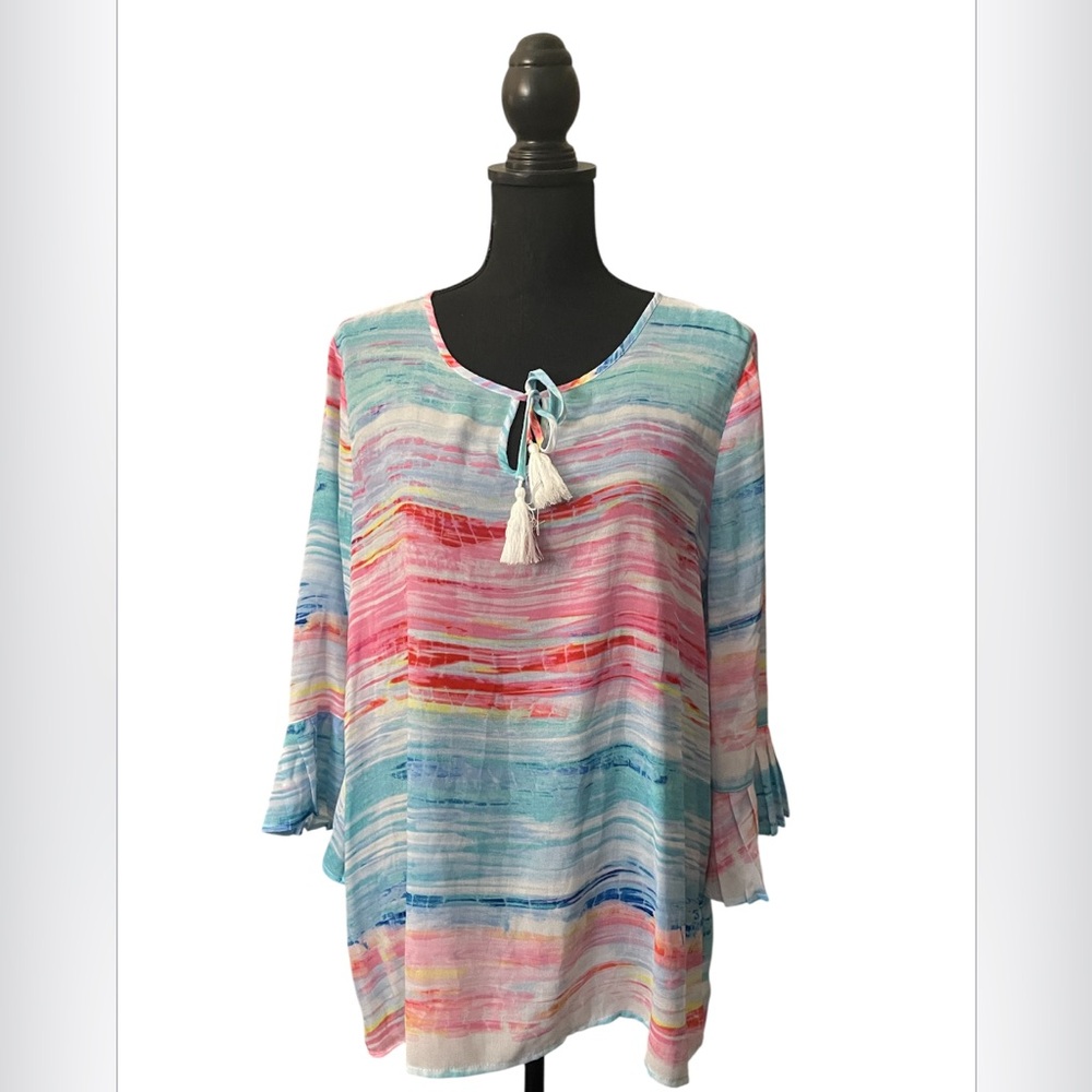Rafaella Tunic top Blouse Women’s LARGE  Summer Sheer Striped Watercolor Serape